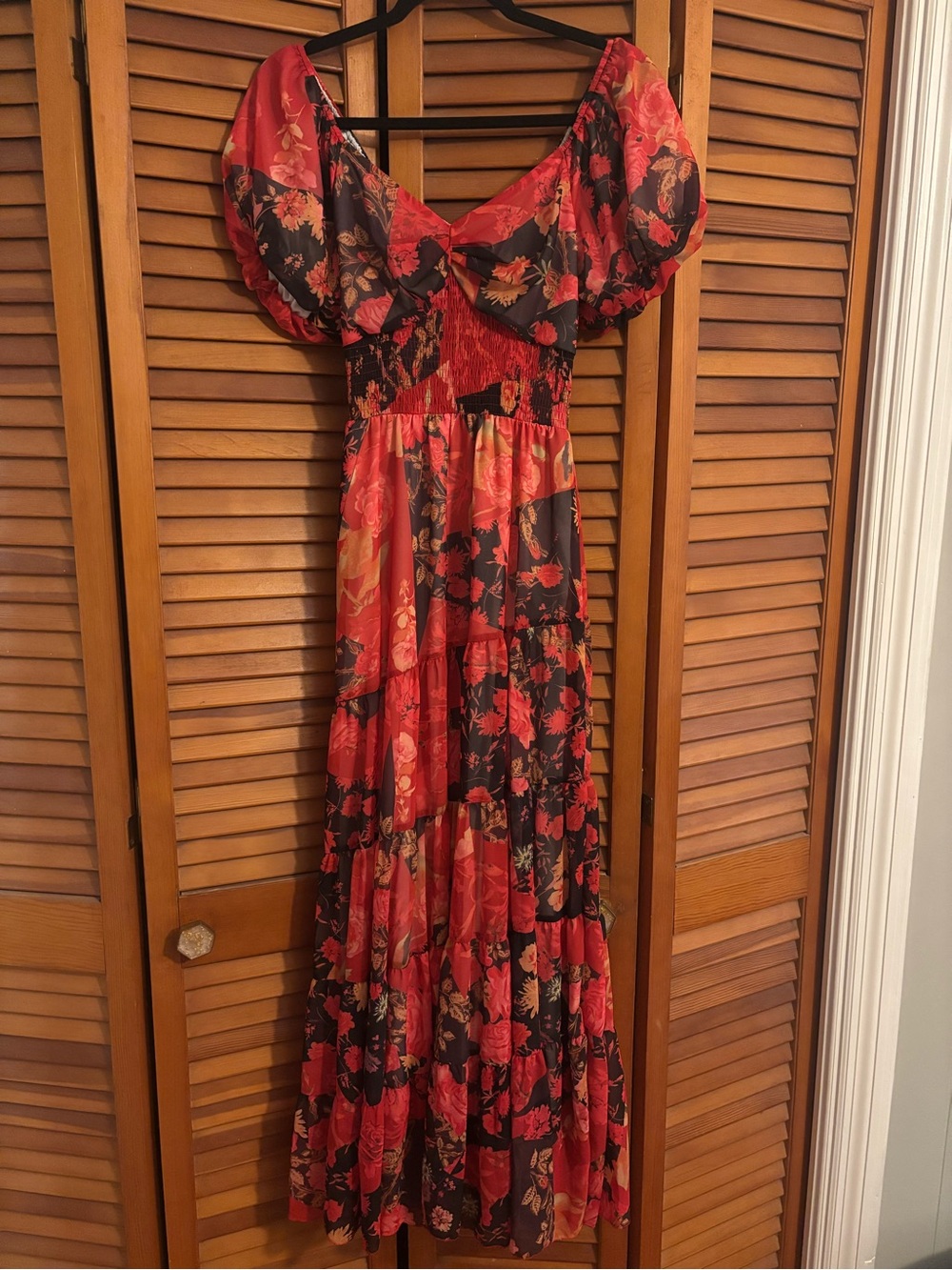 Red Floral Maxi Dress with Puff Sleeves/off shoulder